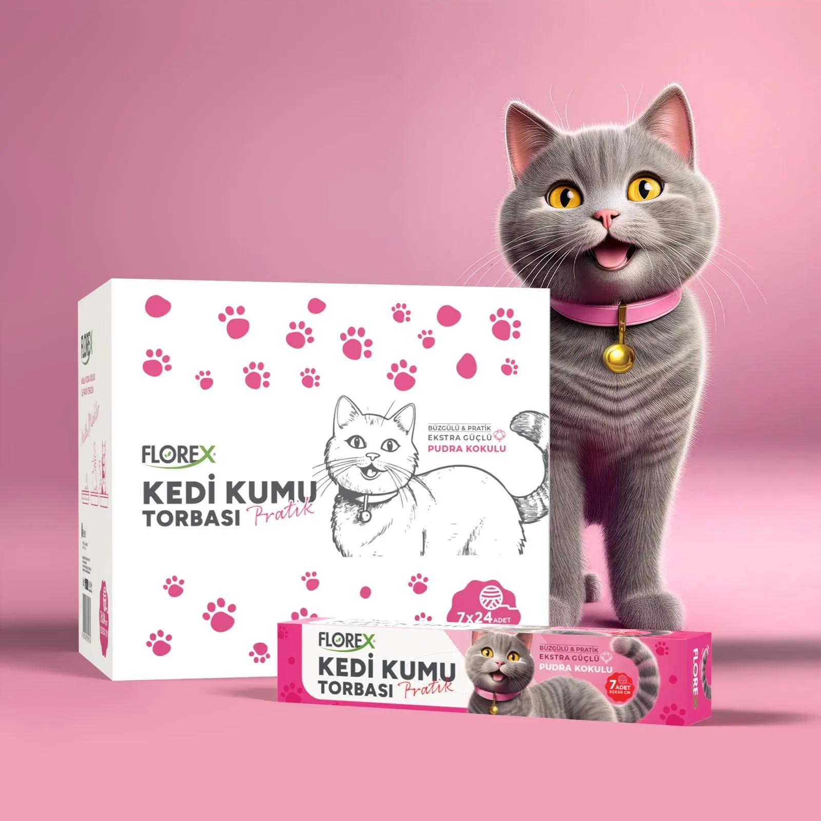 Florex Kedi Kumu Torbası Pudra Kokulu – 7'li Paket